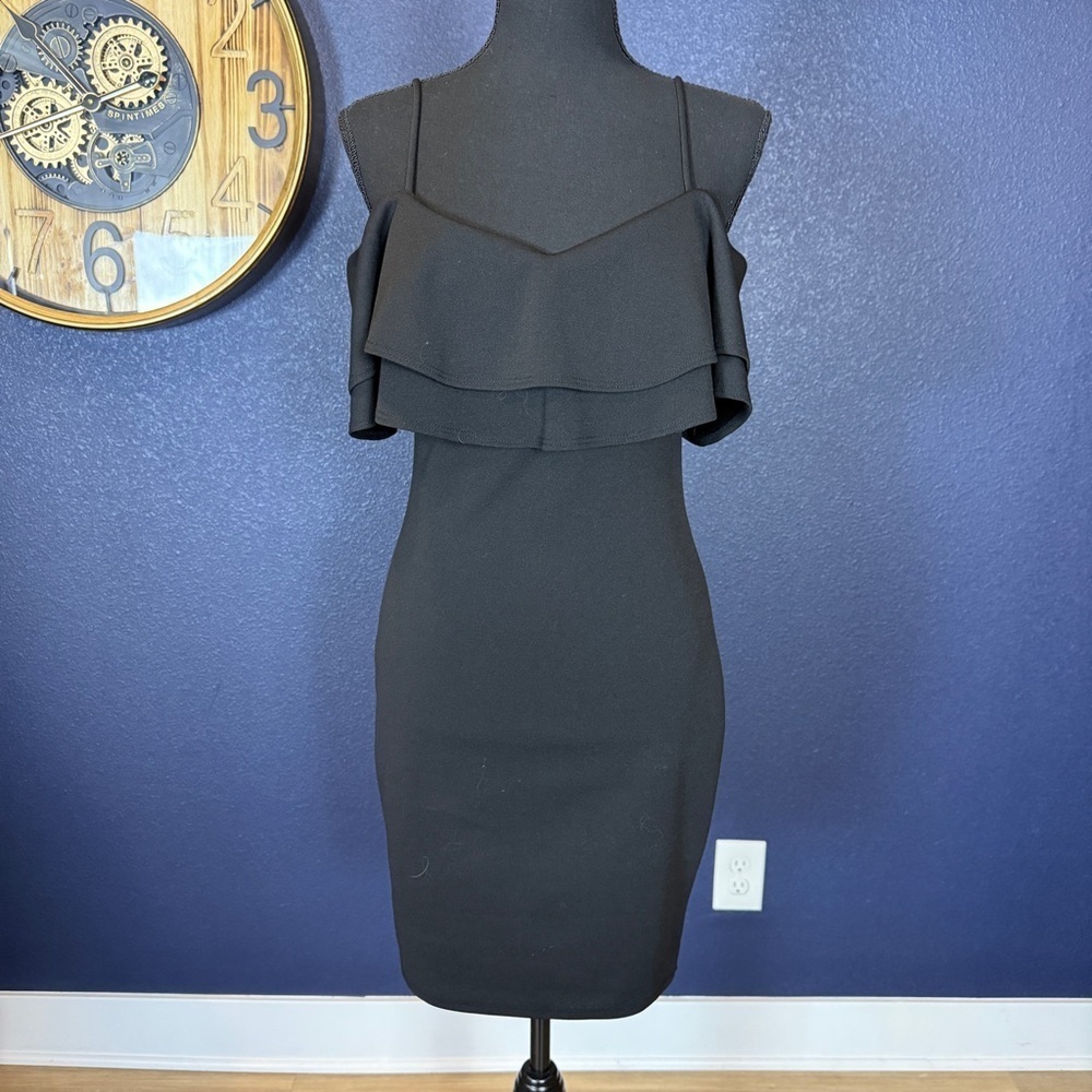Papaya NWT Black Strappy Bodycon Mini Dress with Off Shoulder Ruffle | Medium